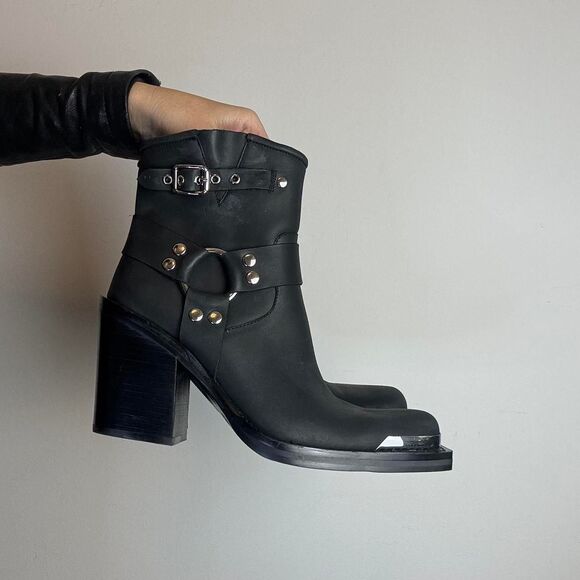 Jeffrey Campbell Handler Black Leather Motorcycle Biker Ankle Boots - Picture 2 of 8
